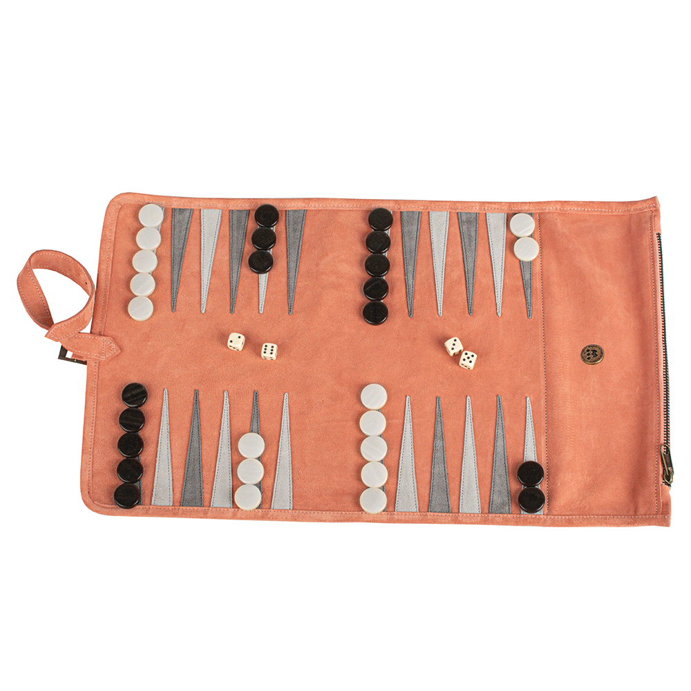 Reisespiel Backgammon Set aus Leder - salmon in rosa von Monopoulos