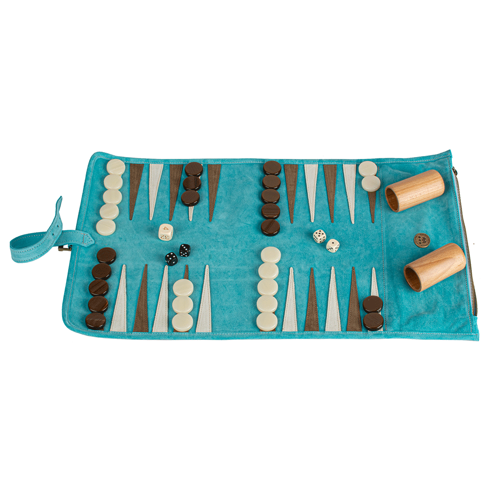 Reisespiel Backgammon Set aus Leder - turquoise in türkis von Monopoulos