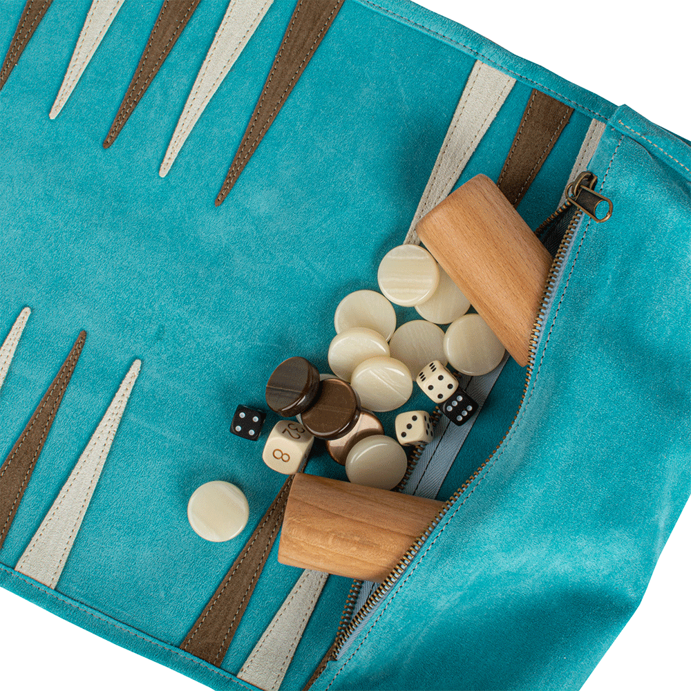 Reisespiel Backgammon Set aus Leder - turquoise in türkis von Monopoulos